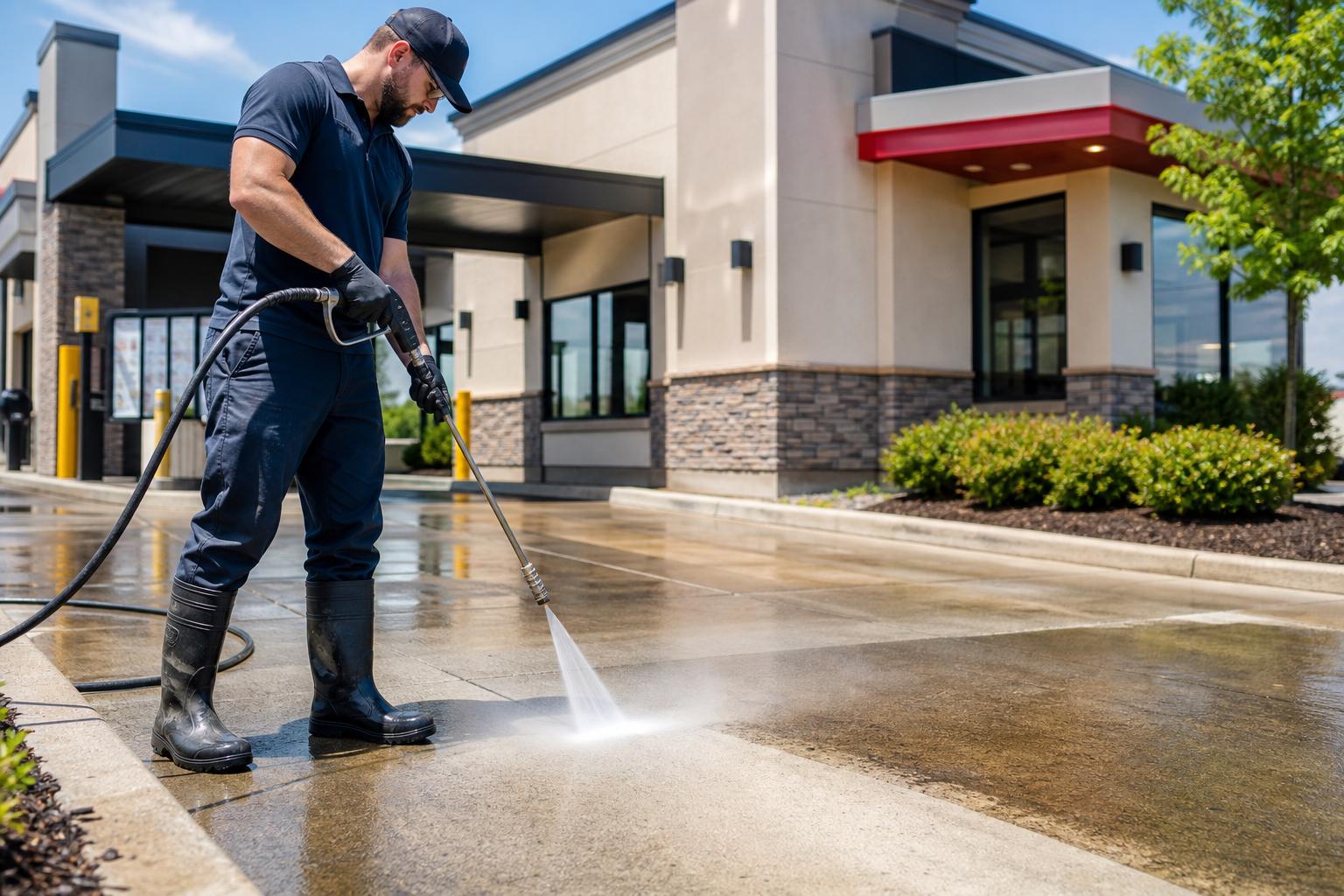 Technician washing a restaurant drive-thru lane, cleaning a stained section of concrete