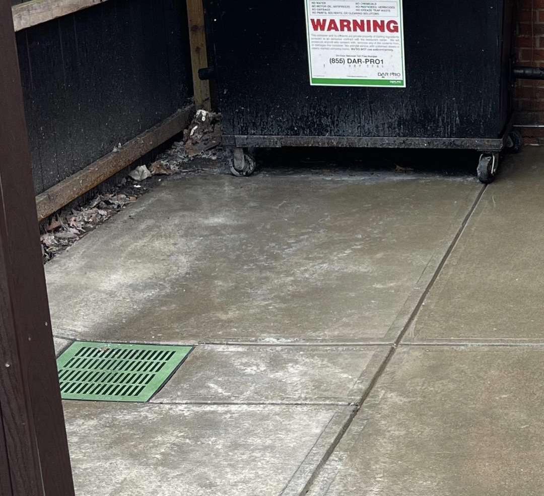 A freshly pressure washed, clean dumpster pad behind a restaurant