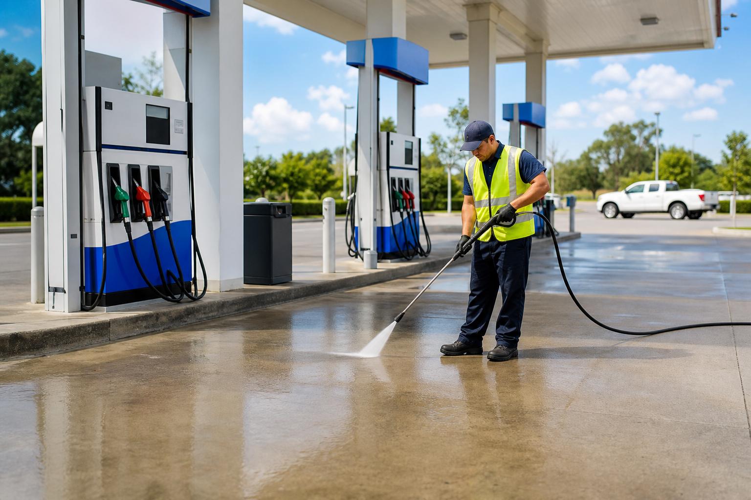 Pressure washing a gas station forecourt around the fuel islands