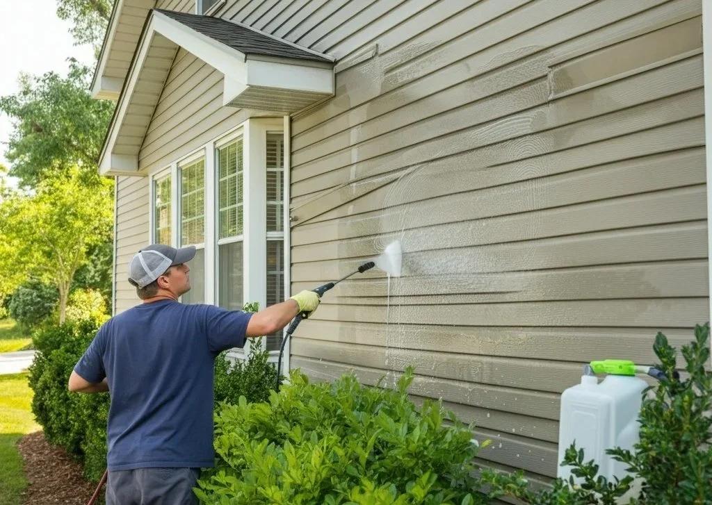 Soft washing the siding of a house to remove algae and dirt