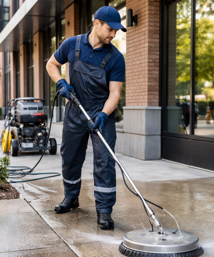 Surface-cleaning the front walk of a shopping plaza storefront