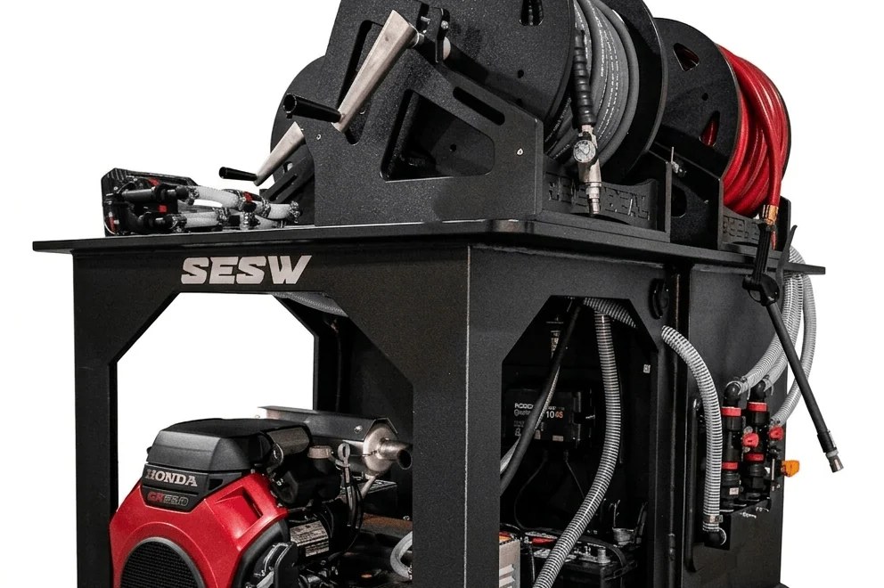 Close-up of a professional pressure wash and soft wash skid — stacked hose reels over a Honda-powered pump unit