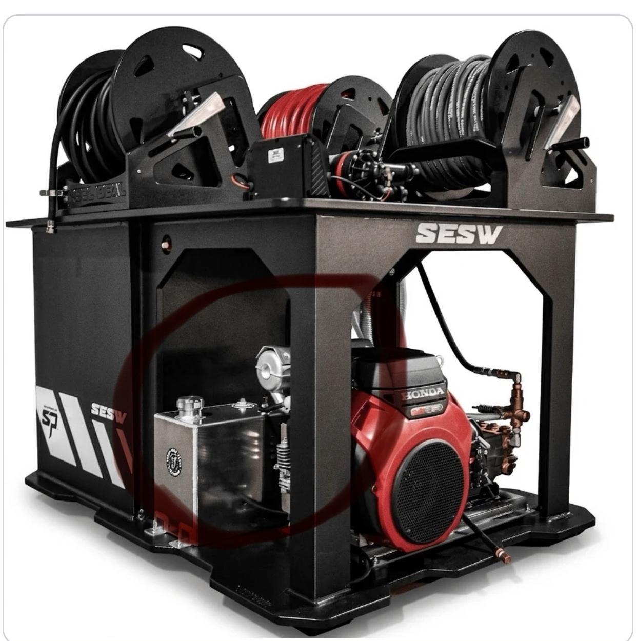 The SESW Softwash Starter Skid Pro — Honda-powered soft wash and pressure wash skid — mounted in the trailer